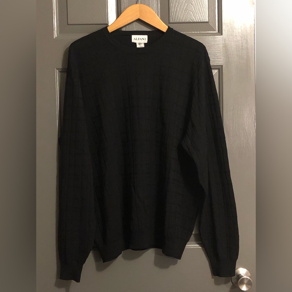 VINTAGE Alfani Men’s Long-Sleeve Merino Wool ABSTRACT Crewneck Sweater XL Black